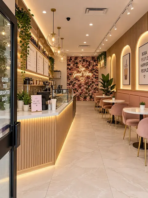 Bubble tea café fit-out with a slatted, lit counter